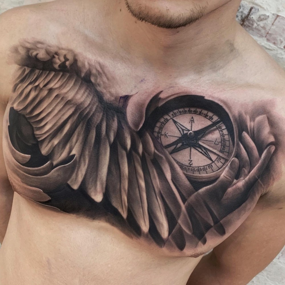 realistic-compass-black-grey-art-angel-wing-tattoo-tschillerr