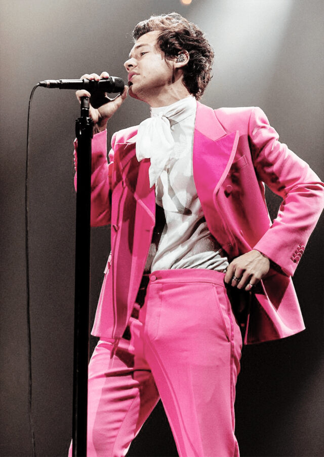 harry styles pink gucci suit