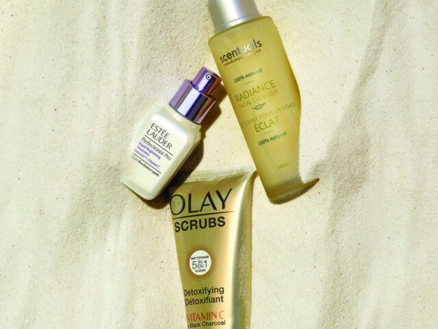 summer beauty products for skin and hair | beauty products in sand