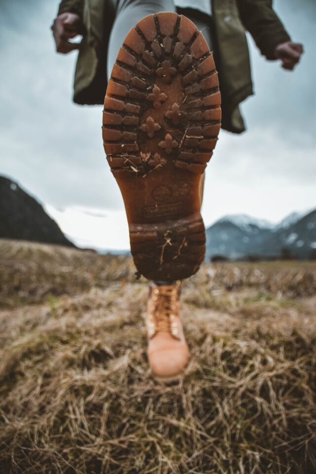 close up of a brown leather boot timberlands